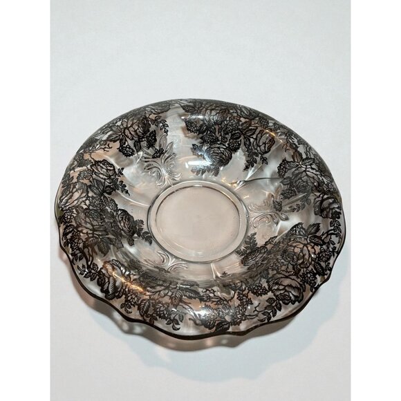 Vintage Silver Overlay Clear Glass Decorative Bowl With Floral Design & Scallope - Picture 1 of 11